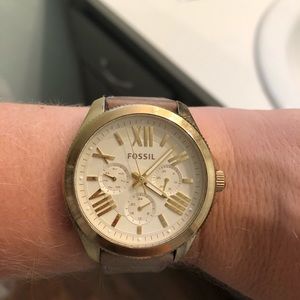 Fossil Cecile leather gray gold toned watch
